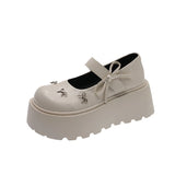 KYLETHOMASW  -  Women's Bow Mary Jane Platform Shoes Round Toe Casual Non Slip 7cm Height Increasing Comfortable Chunky Sole Ballet Flats Shoes