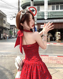KYLETHOMASW  -  Woman Dresses Floral Printed Sleeveless Halter Irregular Ruffles Bow Bandage Backless Sexy Mini Dress Sweet Elegant Party