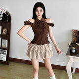 KYLETHOMASW  -  Y2K Elegant Style 2 Piece Set Women Polo-Neck Ruffles Off Shoulder Tank Tops+Ruched Mini Skirts Sweet Girl Street Outfits