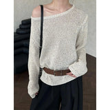 KYLETHOMASW  -  Knitted Sweater Women Diagonal Collar Off Shoulder Autumn Winter Hollow Out Belt Pullover Vintage Elegant Jumper Ladies