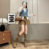KYLETHOMASW  -  New Fold Women's Vintage Brown Metal Belt Buckle Western Cowboy Boots Square High Heel Long Boots Fashion Knight Boots 2025