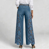 KYLETHOMASW  -  Women Wide Leg Denim Jeans Floral Lace Splicing Hollow Out High Waist Long Pants Retro Casual Ladies Streetwear Bottoms