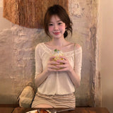 KYLETHOMASW  -  French Style Lace Trim Long Sleeve One Shoulder T-Shirt Women Summer Sun Protection Ruffle Casual Versatile Pure Desire Style