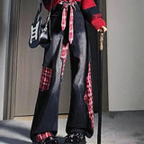 KYLETHOMASW  -  Retro black bow strap checkered patchwork jeans for women's autumn and winter design, niche loose wide leg pants