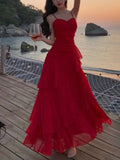 KYLETHOMASW  -  Summer Red Womens Dresses Elegant Spaghetti Strap Sleeveless Ruffles Birthday Party Long Dress Holiday Prom A-Line Vestidos New