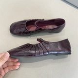 KYLETHOMASW  -  Pleated Mary Janes Flats Shoes Women Square Toe Pu Leather Comfortable Elegant Red Shoes Ladies Shallow Black Ballet Flats New