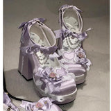 KYLETHOMASW  -  Purple Lolita Platform Lace Heart Bowknot Mary Jane Pumps Woman Summer Blue Sweet Cosplay Pearl Party Chunky Heel Shoes