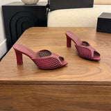 KYLETHOMASW  -  Women Mesh Mule Heels Red Coral Beads Seashell Decor High Heel Summer Beach Vacation Fashion Sandals Open Back Slip On Party