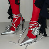 KYLETHOMASW  -  Spring New Silver Dark Goth Y2k Rose Cross Strap Sandals Ladies French Pointed High Heels Stiletto Sandals for Women