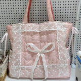 KYLETHOMASW  -  Sweet Lovely Pink Bow Tote Bag Women Lace Patchwork Plaid Large Capacity Shoulder Bag Ladies Fashion Versatile Underarm Bag Chic