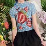 KYLETHOMASW  -  Sweet and cool blue plaid strawberry print pleated shirt women's summer slim-fit semi-turtleneck short-sleeved top