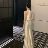 KYLETHOMASW  -  Acetate Satin Off-Shoulder Backless Long Dress Sexy Slim-Fit Gown for Birthday Party Lightweight Evening Dress