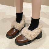 KYLETHOMASW  -  Fur Lining Women Mary Jane Shoes Elegant Square Toe Slip On Footwear 2026 Spring Autumn Keep Warm Ladies Thick Heel Single Shoes