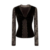 KYLETHOMASW  -  Velvet Lace Patchwork V-neck Long Sleeve T-shirt Autumn  New Style Women Comfortable Casual Fashionable T-shirt Top