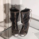 KYLETHOMASW  -  Vintage Pleated Mid-Calf Boots Cross-tied Square Toe Mid Heels Luxury Leather Fashion Novelty Sexy Concise Autumn Women Shoes