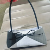 KYLETHOMASW  -  Korean Sweet Bow Grey Handbag Women Stripe Patchwork Large Capacity Shoulder Bag Ladies Elegant Gentle High End Underarm Bag New