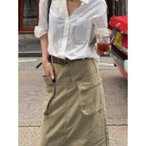 KYLETHOMASW  -  Women Khaki Denim Half Body Skirt Tassels Bottoms High Waist Casual Korean Mid Length Skirt Baggy Vintage Female Long Skirt