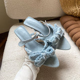KYLETHOMASW  -  New In Summer Fashion Denim Pointed Toe Women Slippers Low Heel Shoes Beach Female Slides Sandals Slippers Shoes For Ladies