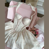 KYLETHOMASW  -  New Cream Pink Floral Halter Corset Mini Dress Lace Up Back Bow Tie Sweetheart Neck Ruffle Hem Lolita Fashion Dresses