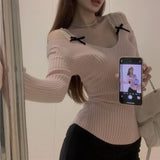 Kylethomasw  -  Two-piece Strapless Bow Sexy Long-sleeved Sweater Women 2024 Spring New Korean Contrast Color Lace Splicing Knitted Tops