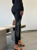 KYLETHOMASW  -  Women's Y2K Black Pants Slim Fit Side Script Letter Print Rise Bell Bottom Trousers Gothic Streetwear Aesthetic Autumn Bottoms