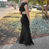 KYLETHOMASW  -  Fashion Irregular Solid Color Dress Temperament High Waist Mesh Hollow Out Dress Sexy Sleeveless Pleated Wrap Hips Evening Dress