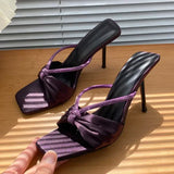 KYLETHOMASW  -  Sexy Purple Satin Rhinestone Design Women's Slippers Summer Fashion Square Toe Open Toe Thin High Heel Slide Sandals for Women