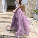 KYLETHOMASW  -  Mesh Skirts Women A-line Spring Summer Solid Sweet Versatile Long Skirt Korean Fashion High Waist Elegant Retro Faldas Mujer