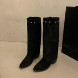 KYLETHOMASW  -  Fashion Vintage Thick Heel Women Western Cowboy Boots Button Combination Splicing Shoes Autumn Winter Ladies Pipe Long Booties