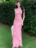 KYLETHOMASW  -  Women's Print Long Dresses Elegant V-neck Sleeveless Bodycon Evening Party Dress New Fashion Slim Waist Vestidos Mujer New Robe