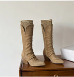 KYLETHOMASW  -  Autumn Winter Fashion Pleated Design Women Knee-High Boots Vintage Faux Suede Lace High heels Western Cowboy Long Booties Shoes