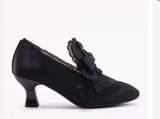 KYLETHOMASW  -  Women Sweet Lolita Vintage Satin Heels Scalloped Lace Ruffle Bow Front Lace Up Design Victorian Curved Heel Bridal Costume Pumps