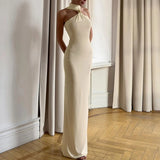 KYLETHOMASW  -  Sexy Off Shoulder Solid Color Temperament Evening Dress High-end Sleeveless Dress Hot Women Fashion Sleeveless Halter Long Dress