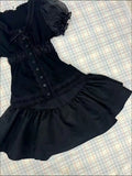 KYLETHOMASW  -  Gothic Vintage Black Lace 2-piece Set Women Lolita Lace Puff Sleeve Y2K Tops Female + High-waist Ruffle Short Kawaii Mini Skirt