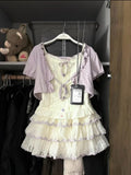 KYLETHOMASW  -  Sweet Lolita Kawaii Lavender White Lace Puff Sleeve 3 Piece Set Women Girls Bow Tiered Mini Cake Skirt Outfit Daily Party