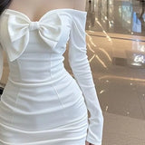 KYLETHOMASW  -  Cocktail Evening Dresses Women Bow Off Shoulder Backless Long Sleeve Slim Sexy Elegant Mini Birthday Party Ladies