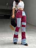 KYLETHOMASW  -  Y2k Patchwork Jeans Women Casual All-match Zippper Pockets Button Flare Denim Trousers Female 2025 Spring Summer Lady Streetwear