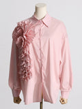 Kylethomasw Fashion Women's Shirt Lapel Long Sleeves Single Breasted Three-dimensional Flower Solid Color Blouse Autumn New 3WQ505