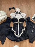 KYLETHOMASW  -  Winter Black Gothic Halloween 3 Piece Set Women Sexy Lace Tops + Mini Cake Skirt + Sleeve Female Y2k Vintage Cosplay Clothing