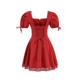 KYLETHOMASW  -  Women Lace Spliced Party Mini Vintage Dresses Puff Sleeve V Neck Low Waist A-line Summer Dress Lace Up Birthday Robe