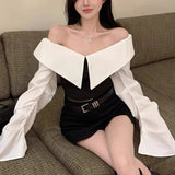 KYLETHOMASW  -  Patchwork Elegant V-Neck Slim Cropped Blouse Luxe Work Ready Chic Long Sleeve Shirt Korean Fashion Modern Professionals Top