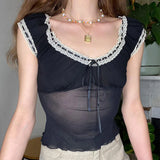 KYLETHOMASW  -  Summer Sexy Tank Women New Fashion Ribbons Sexy Mesh Lace Partywear Black Tank Elegant Casual Slim Tank Female Knitted Camisole