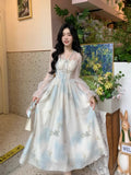 KYLETHOMASW  -  Floral V Neck Long Dress Spring Summer A-line French Style Vintage Women Dresses Elegant Sweet A-line Vestidos Mujer