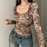 KYLETHOMASW  -  Autumn new retro leopard print long sleeved T-shirt with European and American round neck tight bottom top