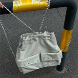 KYLETHOMASW  -  Harajuku Solid Color Chain Backpack Women Drawstring Studded Leather Large Capacity Backpack Ladies Fashion Y2k Mochilas Mujer