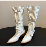 KYLETHOMASW  -  Vintage Pleated Belt Buckle Faux Suede Women Knee High Boots Autumn Winter Fashion High heels Western Cowboy Knight Boots Shoes