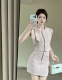 KYLETHOMASW  -  Elegant Skirt Set Women's Summer Bow Tweed Vest High Waist Mini Skirt Two-piece Set Fashion Female Clothes