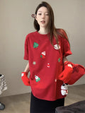 Kylethomasw Kawaii Snowman Print Short Sleeve T-shirts for Women Christmas Tree Graphic Oversize Tees Spring Summer Casual Clothes