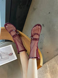 KYLETHOMASW  -  Woman Summer Ankle Boots Burgundy Mesh Flat Shoes Porosity Round Toe Low Heels Ladies Shoes White Flats Size 43 Botas Feminino
