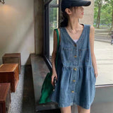 KYLETHOMASW  -  Biyaby Sleeveless Strap Dress Women Summer Single-Breasted Pockets Denim Dresses Woman Korean Style Loose A Line Mini Dress